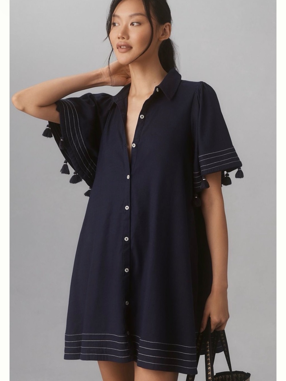 Maeve Navy Button-Front Tunic with Tassel Trim